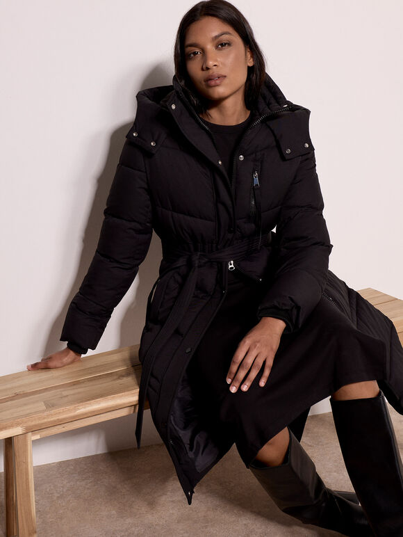 Long Belted Puffer Coat, Black, large