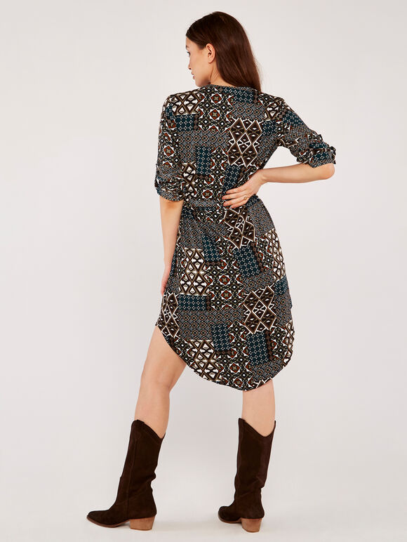 Retro Tile Print Drawstring Dress, Green, large