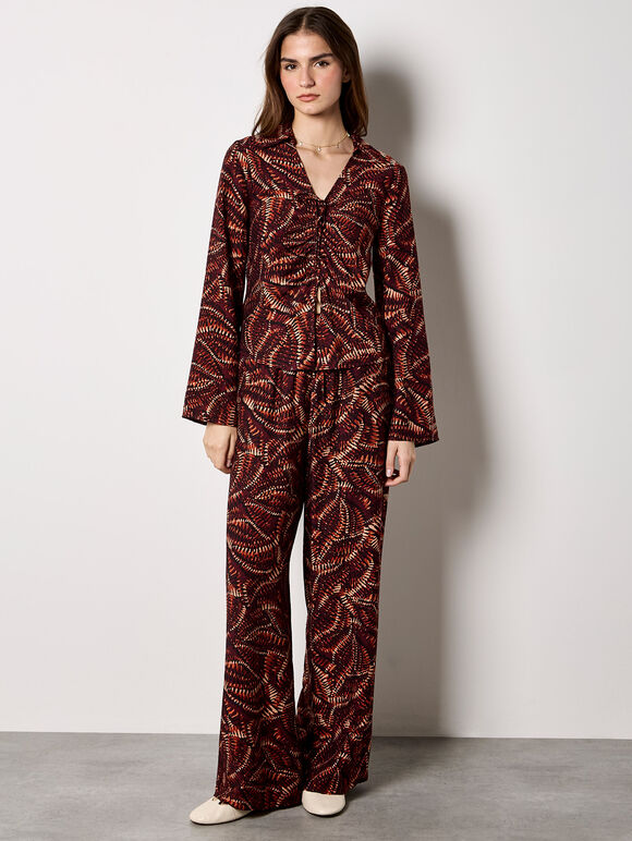 Abstract Print Wide-Leg Trousers, Burgundy, large