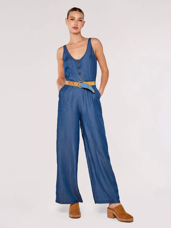 Denim Wide Leg Jumpsuit, Blue, large