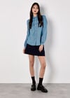 Balloon Sleeve Denim Shirt, Blue, large