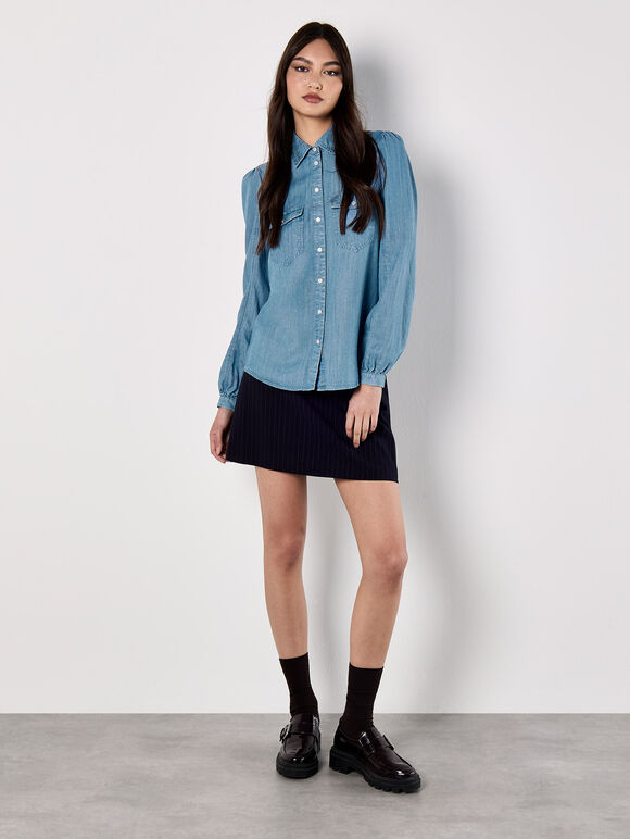 Balloon Sleeve Denim Shirt, Blue, large