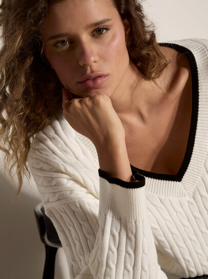 Cable Knit Tipped Cricket Jumper