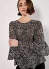 Paisley Print Ruffle Sleeve Blouse, Black, large