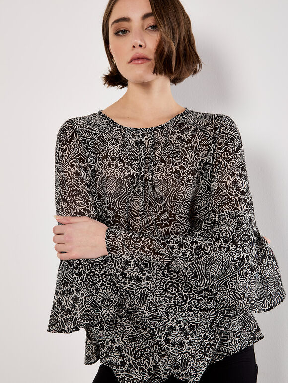Paisley Print Ruffle Sleeve Blouse, Black, large