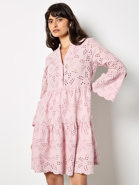 Broderie Anglaise Tiered Mini Dress, Pink, large