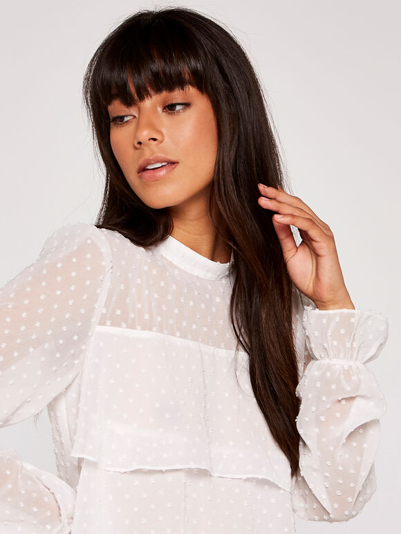 Sheer Dobby Long Sleeve Tiered Top, Cream, large