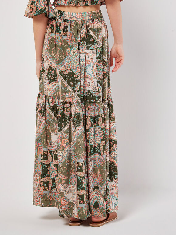 Satin Scarf Print Tiered Maxi Skirt, Khaki, large