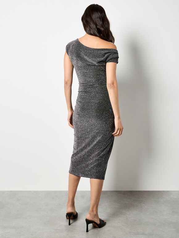 Drape Shoulder Wrap Shimmer Midi Dress, Silver, large