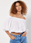 Textured Cotton Bardot Crop Top, White, large