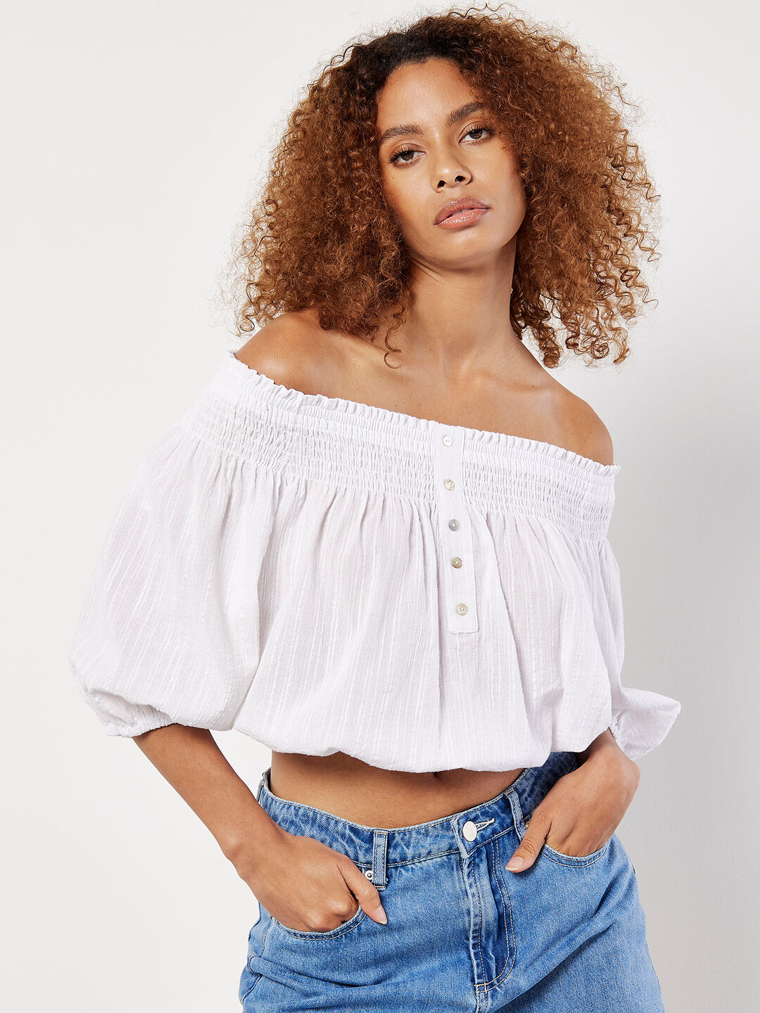 Textured Cotton Bardot Crop Top