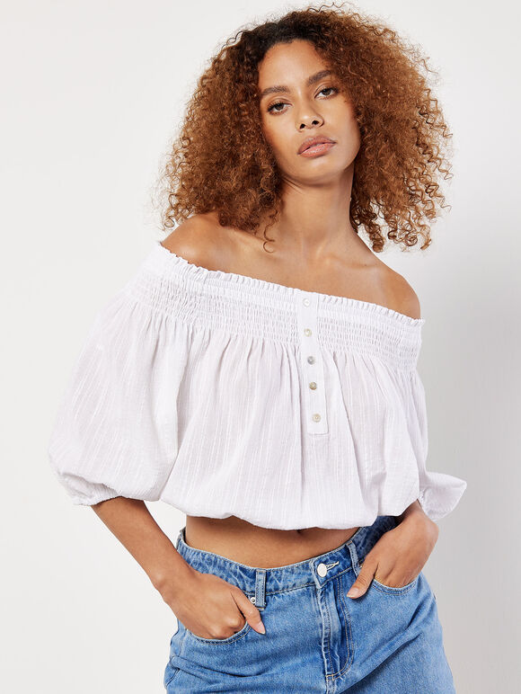 Textured Cotton Bardot Crop Top, White, large