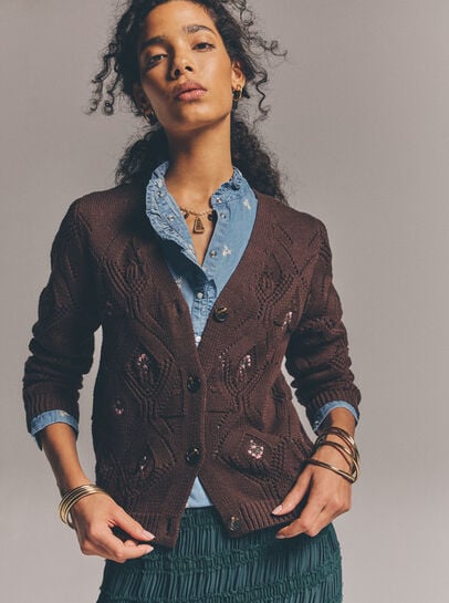 Pointelle Diamond Floral Cotton-Blend Cardigan