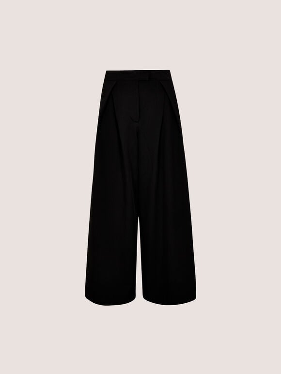 Wide-Leg Pleated Tailored Trousers, Black, large