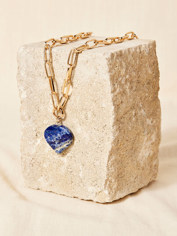 Goldblaue Herzstein-Halskette, Blau, groß