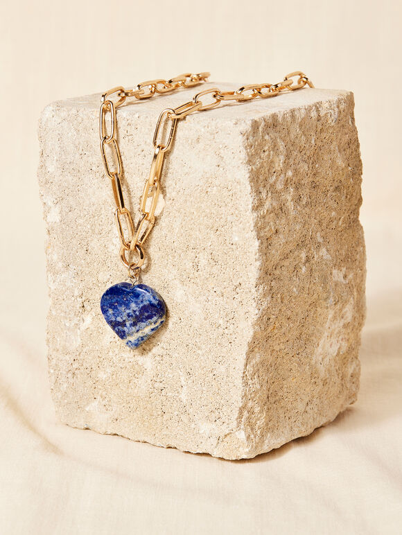 Gold Blue Heart Stone Necklace, Blue, large