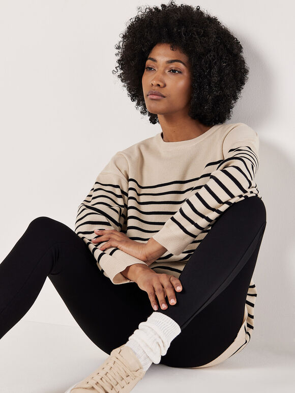 Stripe Rib Knit Longline Jumper, Stone, large