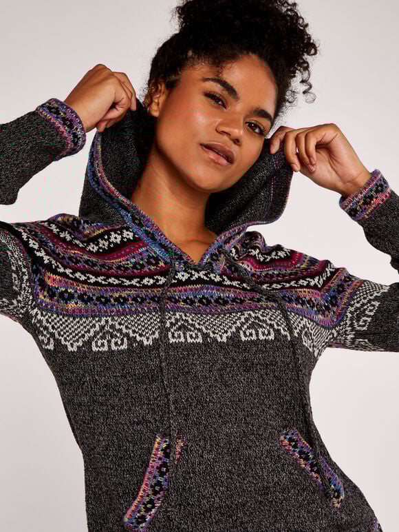 Hooded Fair Isle Jumper, Dark Grey - Charcoal, large