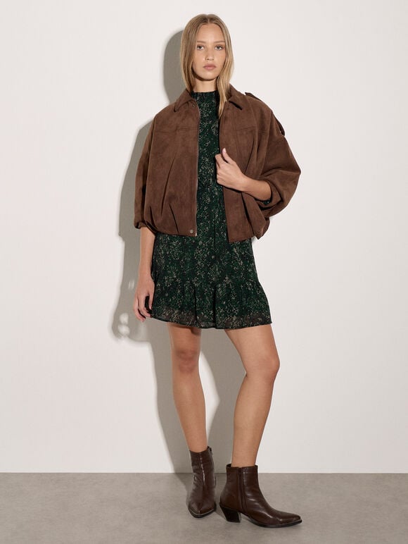 Snakeskin Chiffon Mini Dress, Khaki, large