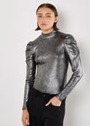 Metallic Foil Ruched Shoulder Top, Silver, large