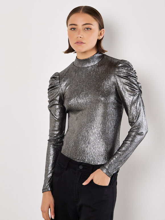 Metallic Foil Ruched Shoulder Top, Silver, large