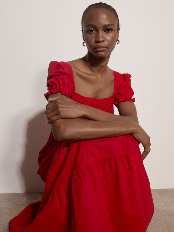 Cotton Tiered Milkmaid Midi Dress, Red, large