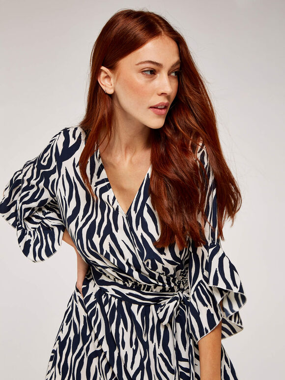 Zebra Print Dip Hem Dress, Navy, large