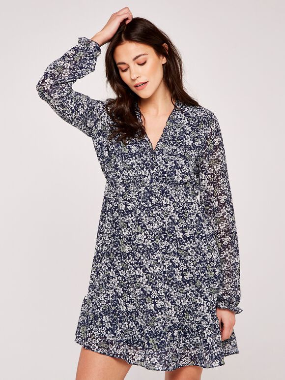 Graphic Daffodil Ruffle Dress, Navy, large
