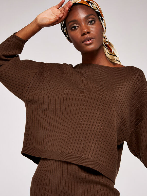 Vertical Rib Slash Neck Jumper, Brown, large