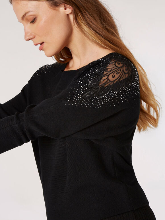 Stud & Lace Embellished Jumper, Black, large
