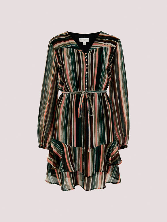 Striped Ruffle Mini Dress, Khaki, large