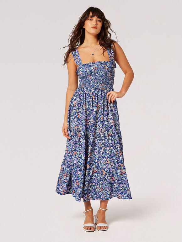 Garden Floral Smocked Midi Dress, Blue, large