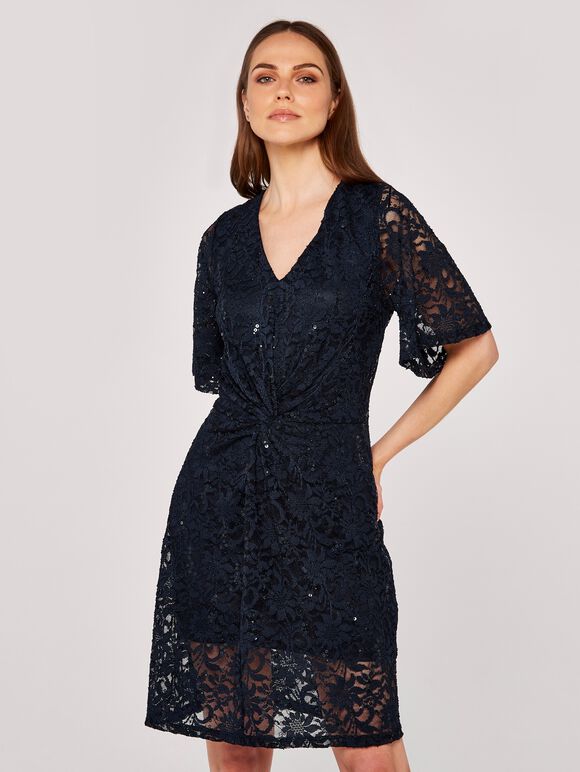 Sequin Front Knot Lace Dress, Navy, large