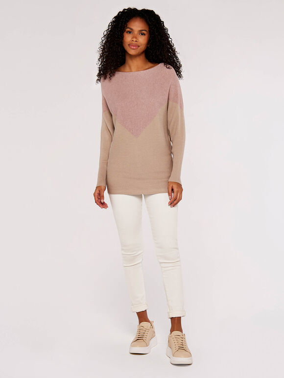 Chevron Ribbed  Batwing Jumper, Pink, large
