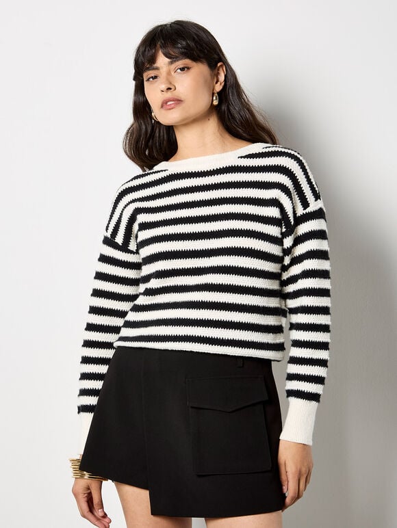 Waffle Knit Stripe Bow Back Jumper, Black, large