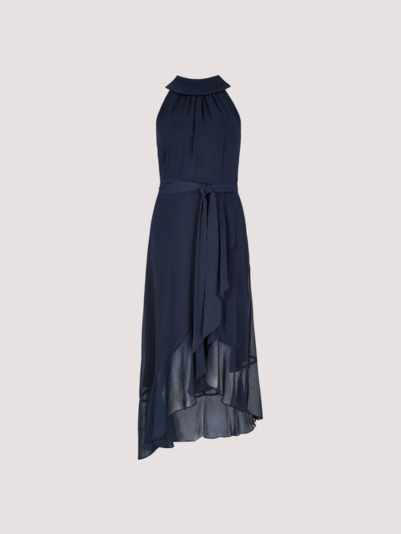 Halter Neck Ruffle Dress, Navy, large
