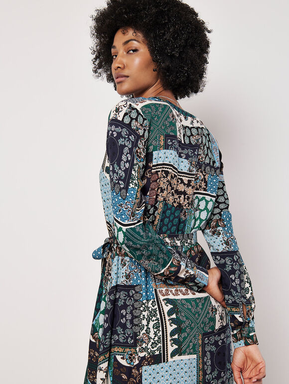Patchwork Paisley Shirt Mini Dress, Navy, large