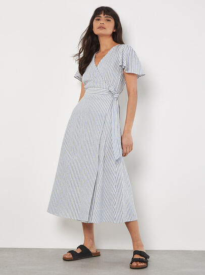 Oxford Stripe Wrap Midi Dress