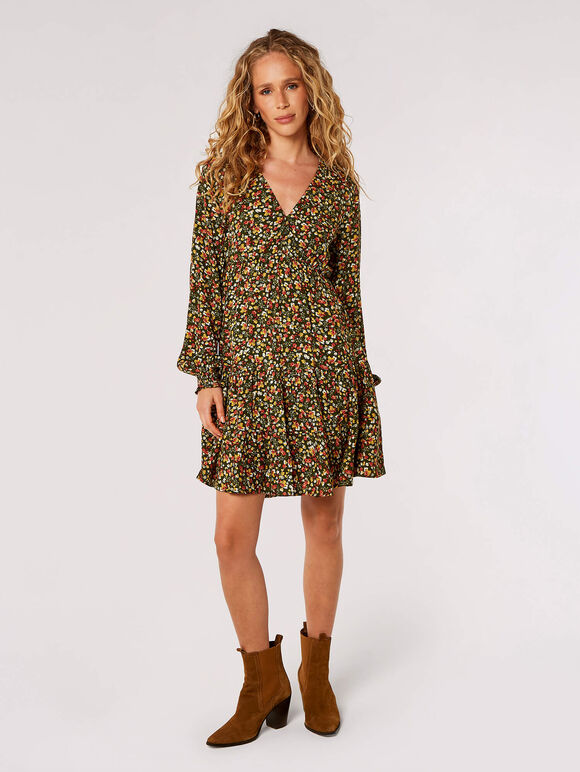 Ditsy Floral Tiered Mini Dress, Green, large