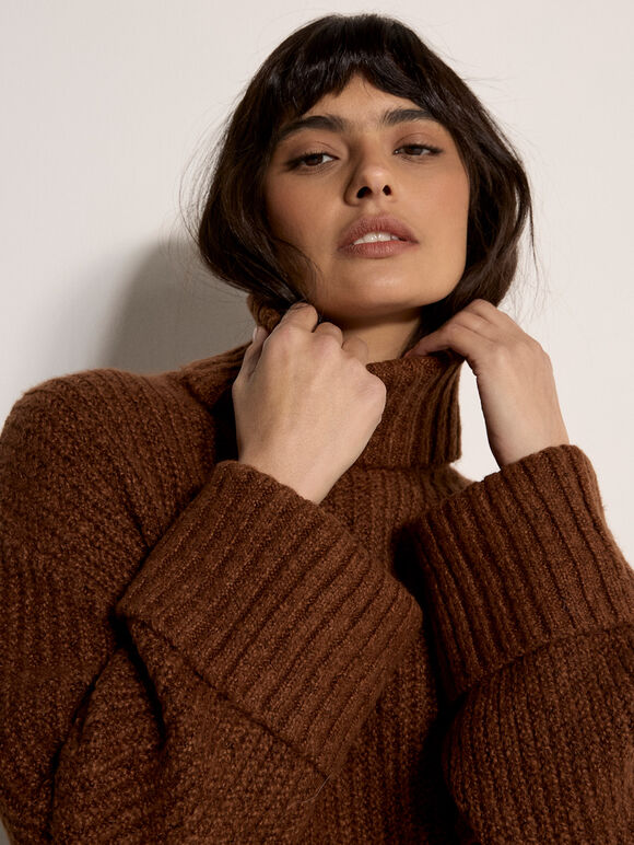 Boucle Knit Fisherman Jumper Mini Dress, Rust, large