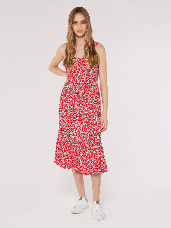 Robe Midi Mono Florale, Rouge, large