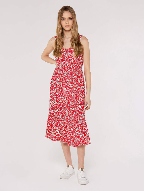 Mono Floral Midi Dress, Red, large