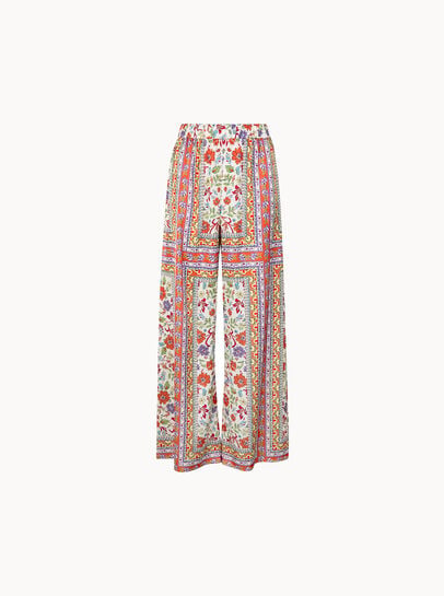 Floral Scarf Print Satin Wide-Leg Trousers