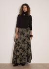 Floral Silhouette Crepe Midi Skirt, Khaki, large