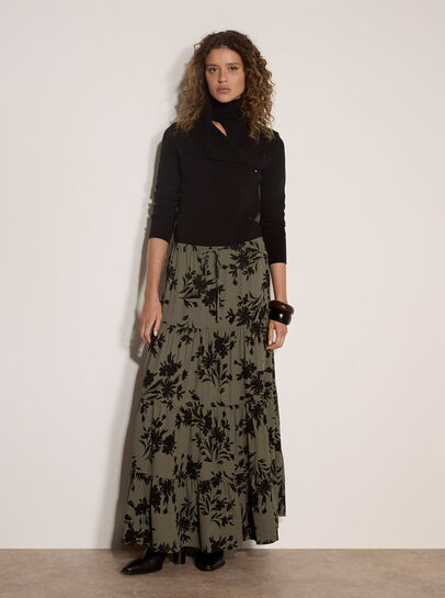 Floral Silhouette Crepe Midi Skirt