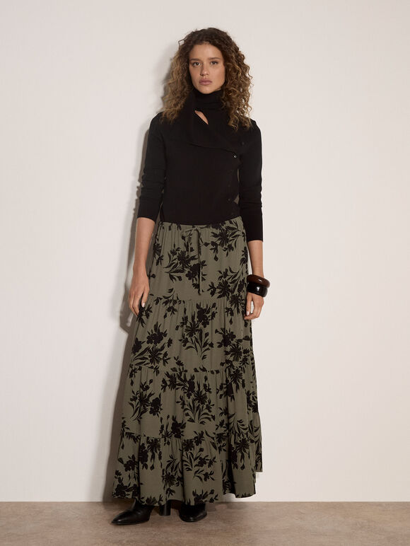 Floral Silhouette Crepe Midi Skirt, Khaki, large