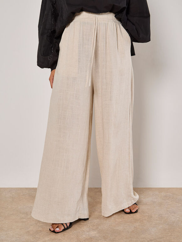 Wide Leg Linen Mix Trousers, Stone, large