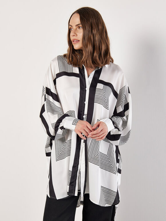 Graphic Squares Oversized Satin Shirt, Cream, large
