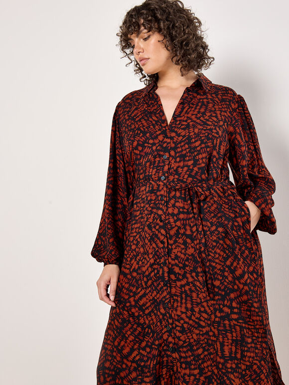 Curve Abstract Texture Shirt Midi Dress, Burgundy, large
