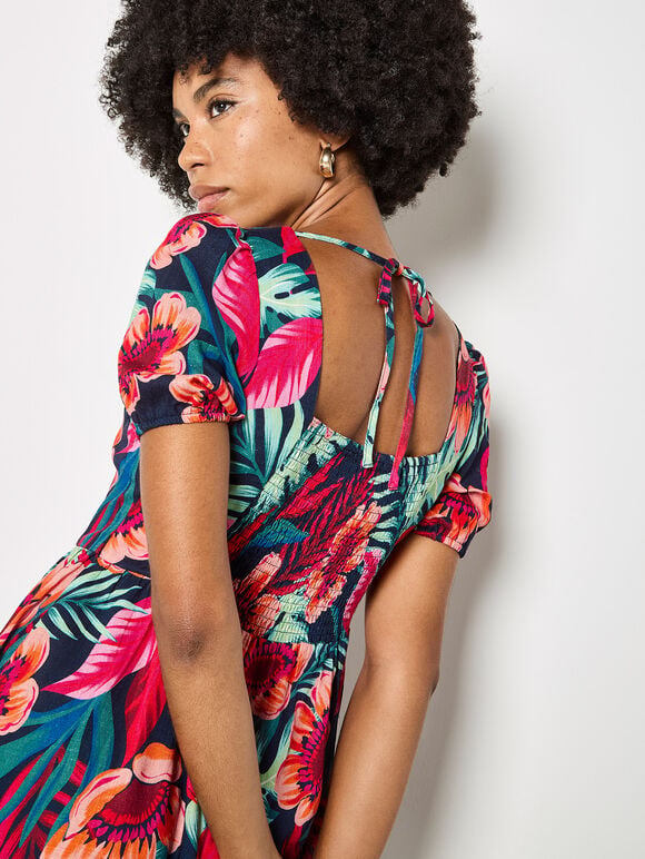 Tropical Floral Mini Dress, Fuchsia, large